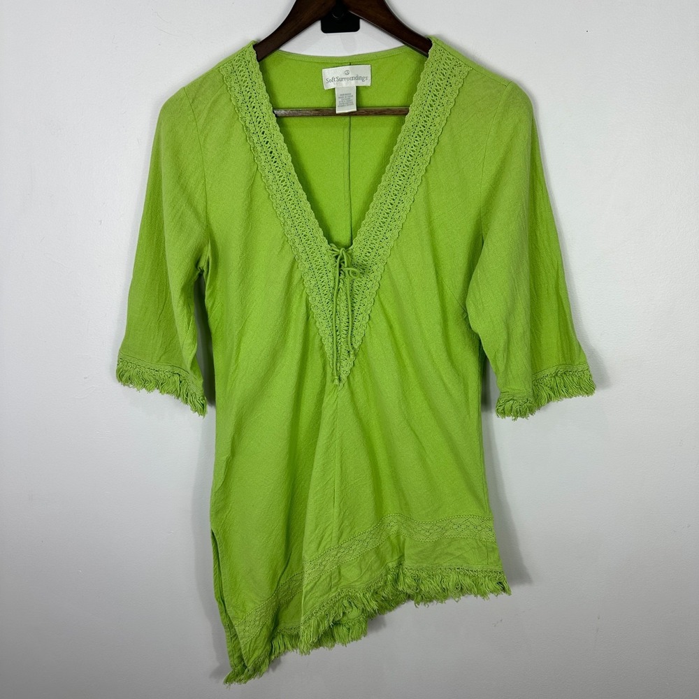 Soft Surroundings Tunic Women XSP Lime Green Cotton Boho Lace Fringe